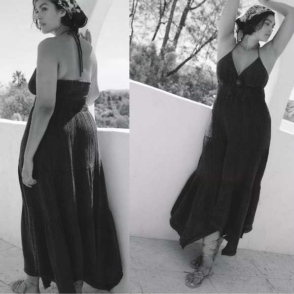 ANTHROPOLOGIE The Teagan Smocked Halter Dress Gauzy Cotton Washed Black Dress XL - Picture 3 of 8